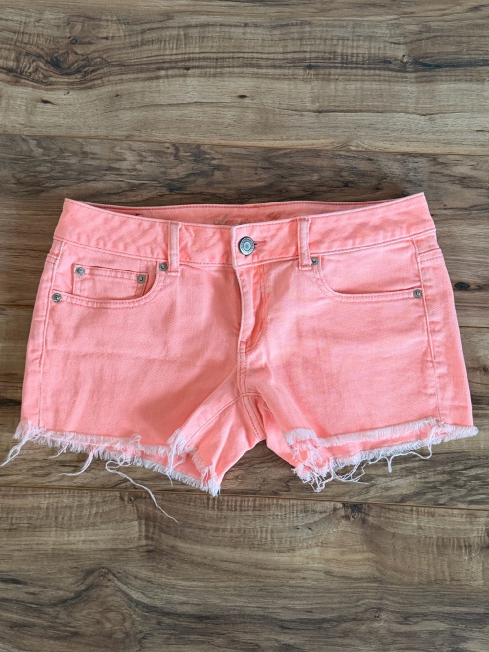 Neon Coral Pink Frayed Hem Women's Denim Shorts